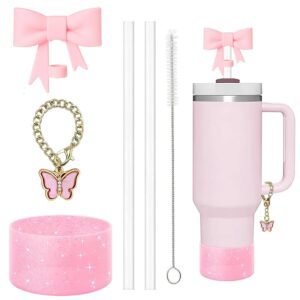 6 PCS Pink Stanley Cup Accessories Set, Silicone Bow Straw Cover, Leak-Proof Base, Decorative Chain, Cleaning Brush, Reusable Straws for Tumbler (Excluding Cups)