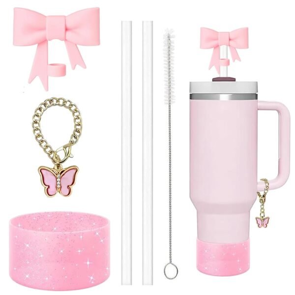 6 PCS Pink Stanley Cup Accessories Set, Silicone Bow Straw Cover, Leak-Proof Base, Decorative Chain, Cleaning Brush, Reusable Straws for Tumbler (Excluding Cups)